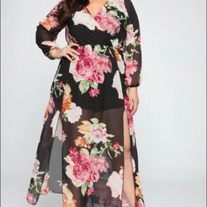BRAND NEWblack floral long sleeve double slit maxi